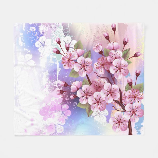Pink Sakura on Painting Background Fleece Blanket (Front (Horizontal))