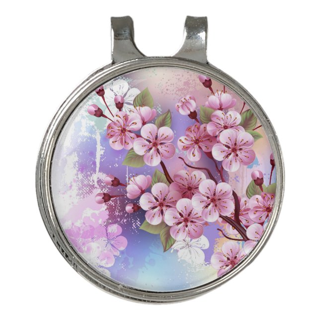 Pink Sakura on Painting Background Golf Hat Clip (Front)