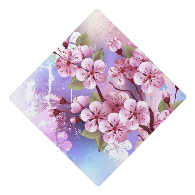 Pink Sakura on Painting Background Graduation Cap Topper (Front)
