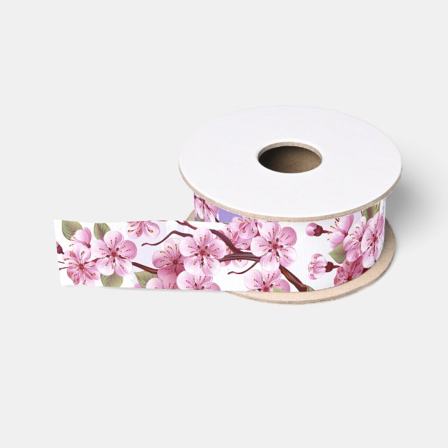 Pink Sakura on Painting Background Grosgrain Ribbon (Spool)