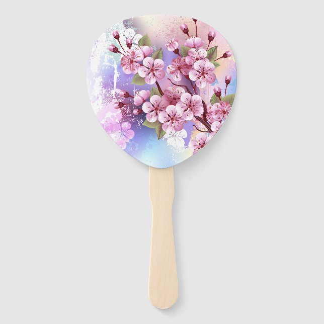 Pink Sakura on Painting Background Hand Fan (Front)