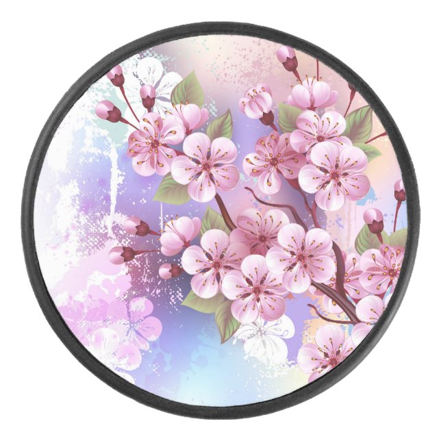 Pink Sakura on Painting Background Hockey Puck (Front)
