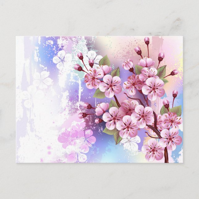 Pink Sakura on Painting Background Invitation Postcard (Front)