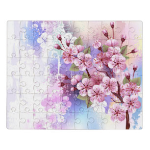 Pink Sakura on Painting Background Jigsaw Puzzle