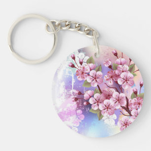 Pink Sakura on Painting Background Keychain