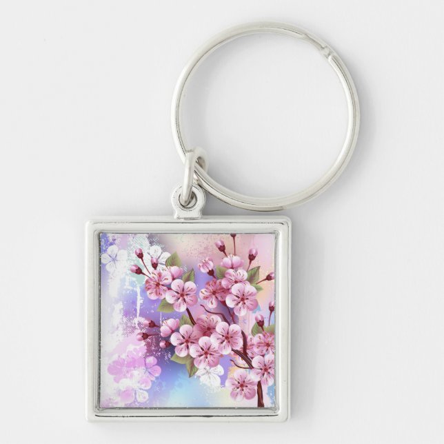 Pink Sakura on Painting Background Keychain (Front)