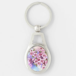 Pink Sakura on Painting Background Keychain