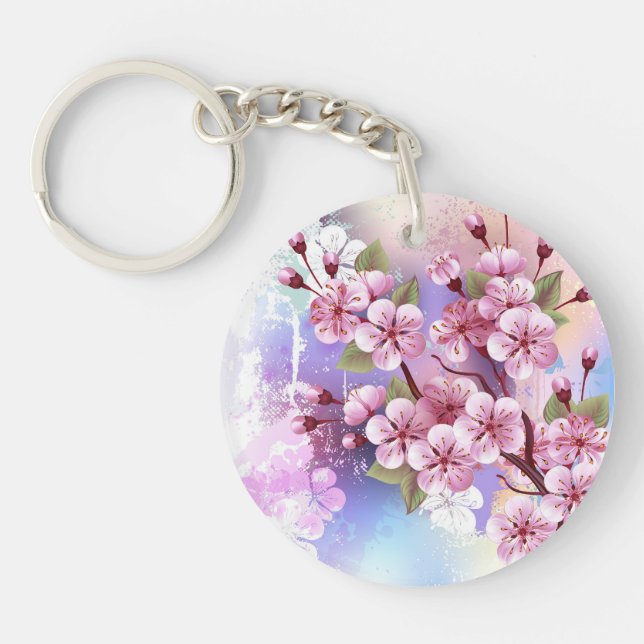 Pink Sakura on Painting Background Keychain (Front)