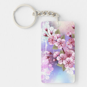 Pink Sakura on Painting Background Keychain