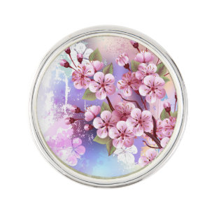 Pink Sakura on Painting Background Lapel Pin