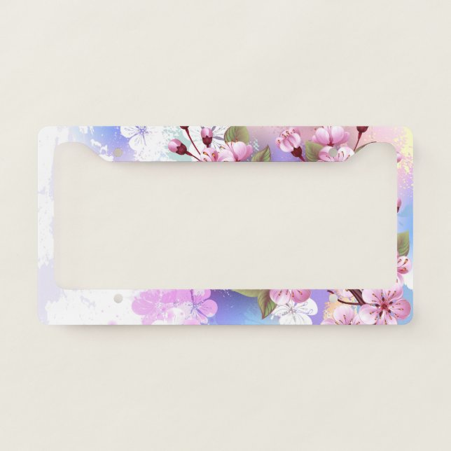 Pink Sakura on Painting Background License Plate Frame (Front)