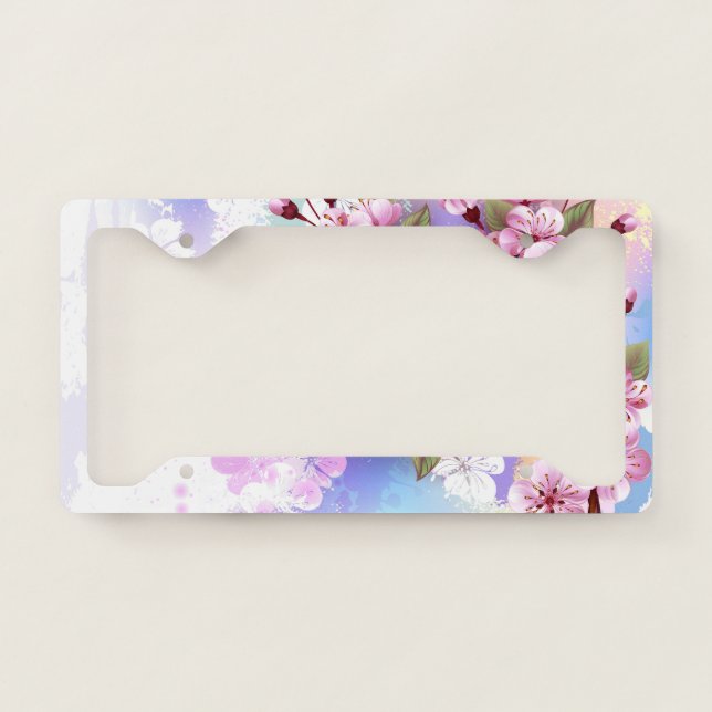 Pink Sakura on Painting Background License Plate Frame (Front)