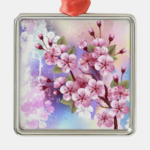 Pink Sakura on Painting Background Metal Ornament