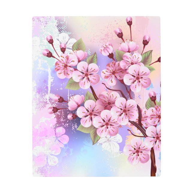 Pink Sakura on Painting Background Metal Print (Front)