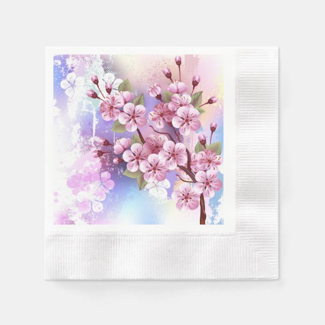 Pink Sakura on Painting Background Napkins (Front)