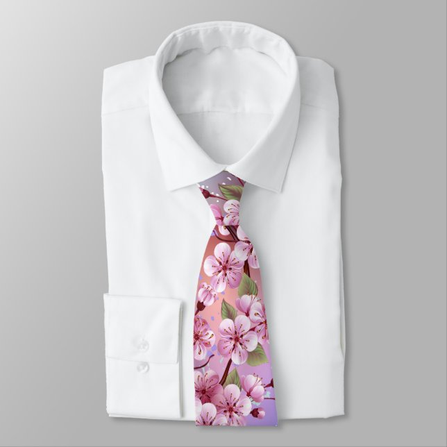 Pink Sakura on Painting Background Neck Tie (Tied)