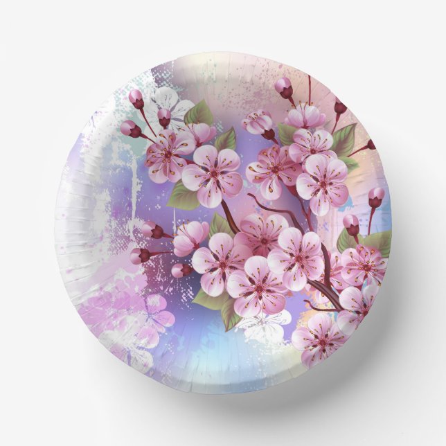 Pink Sakura on Painting Background Paper Bowls (Front)