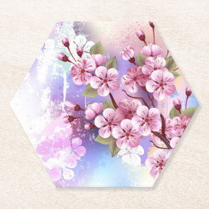 Pink Sakura on Painting Background Paper Coaster