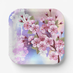 Pink Sakura on Painting Background Paper Plates