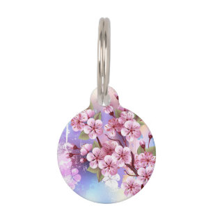 Pink Sakura on Painting Background Pet ID Tag