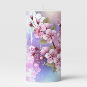 Pink Sakura on Painting Background Pillar Candle