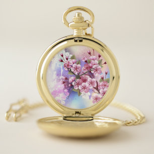 Pink Sakura on Painting Background Pocket Watch