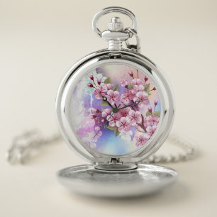 Pink Sakura on Painting Background Pocket Watch