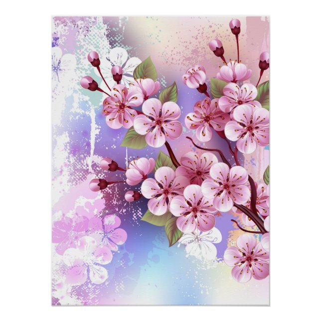 Pink Sakura on Painting Background Poster (Front)