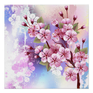 Pink Sakura on Painting Background Poster