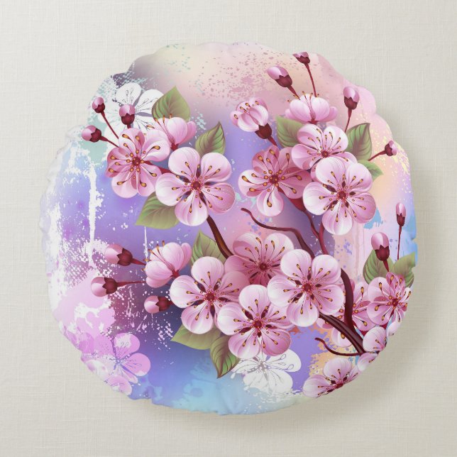 Pink Sakura on Painting Background Round Pillow (Front)