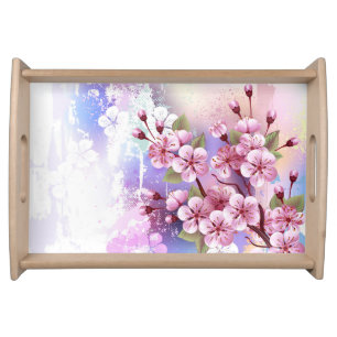 Pink Sakura on Painting Background Serving Tray