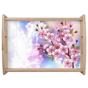 Pink Sakura on Painting Background Serving Tray