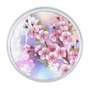 Pink Sakura on Painting Background Silver Finish Lapel Pin