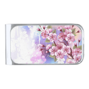 Pink Sakura on Painting Background Silver Finish Money Clip