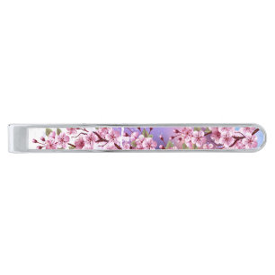 Pink Sakura on Painting Background Silver Finish Tie Bar