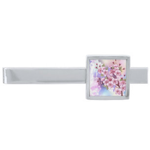 Pink Sakura on Painting Background Silver Finish Tie Bar