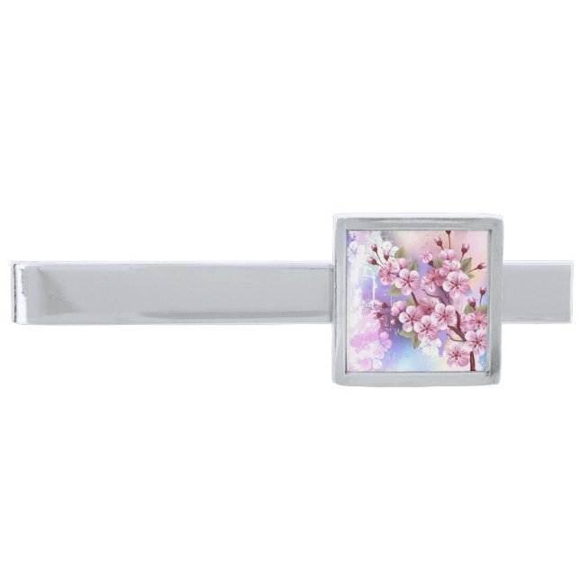 Pink Sakura on Painting Background Silver Finish Tie Bar (Front)