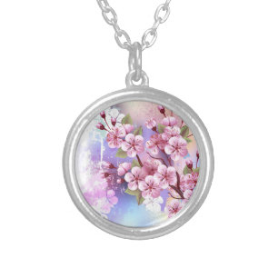 Pink Sakura on Painting Background Silver Plated Necklace