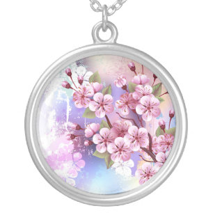 Pink Sakura on Painting Background Silver Plated Necklace