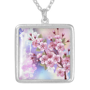 Pink Sakura on Painting Background Silver Plated Necklace