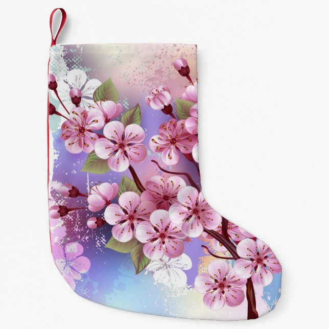 Pink Sakura on Painting Background Small Christmas Stocking (Front)