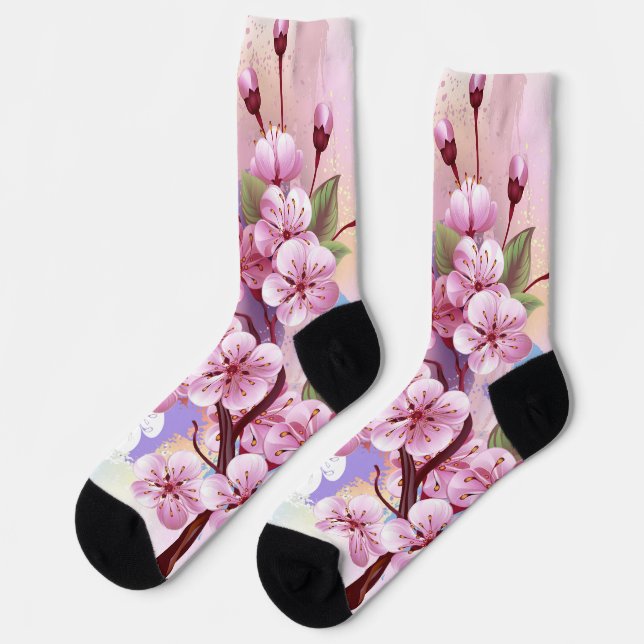 Pink Sakura on Painting Background Socks (Left)