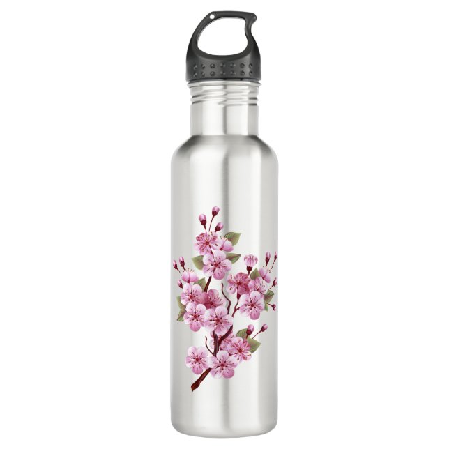 Pink Sakura on Painting Background Stainless Steel Water Bottle (Front)