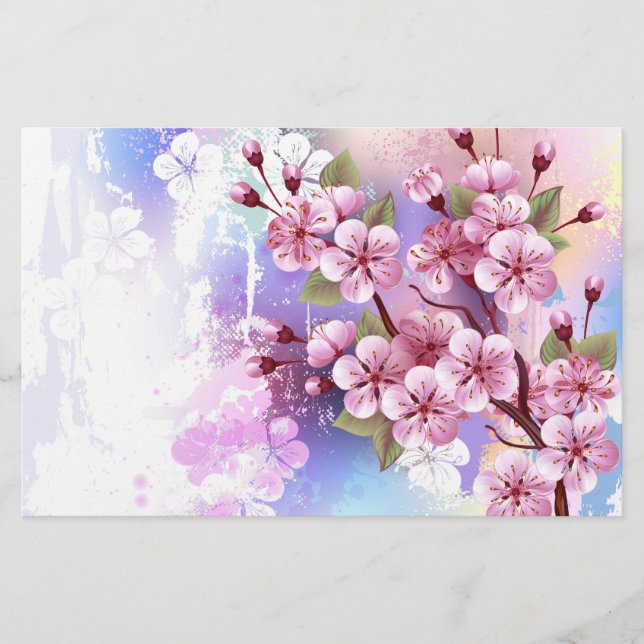 Pink Sakura on Painting Background Stationery (Front)