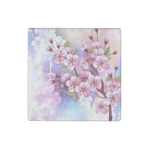 Pink Sakura on Painting Background Stone Magnet