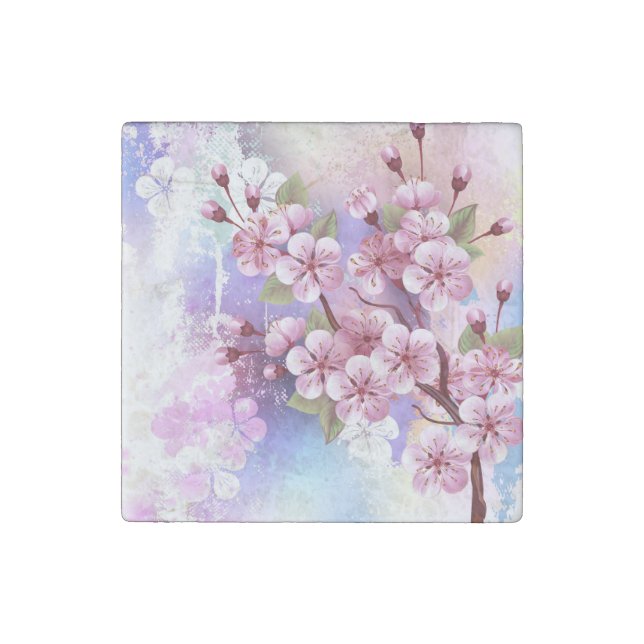 Pink Sakura on Painting Background Stone Magnet (Front)