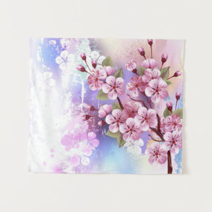 Pink Sakura on Painting Background Tapestry