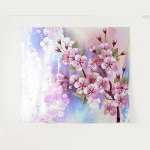 Pink Sakura on Painting Background Tapestry