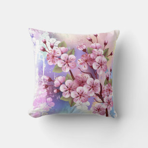 Pink Sakura on Painting Background Throw Pillow