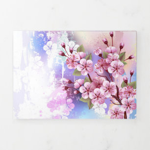 Pink Sakura on Painting Background Tri-Fold Holiday Card
